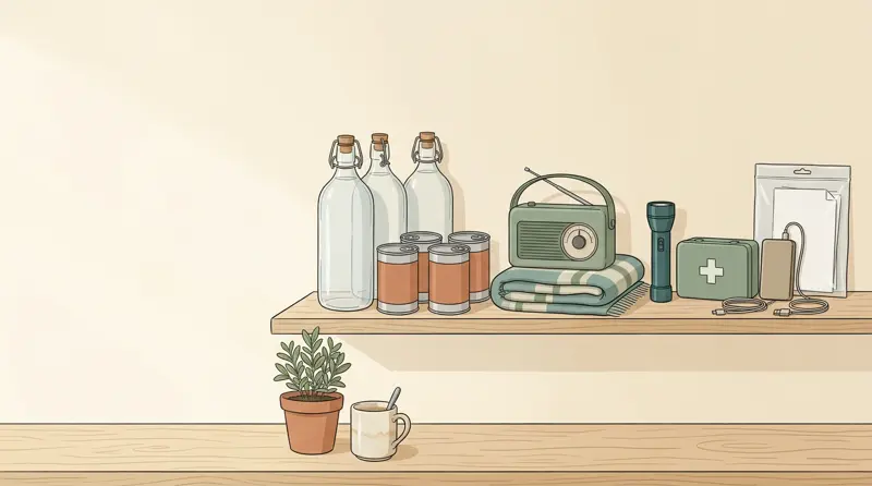 Illustration of a tidy kitchen shelf with bottles of water, tins of food, a radio, a torch, a folded blanket, a first aid tin and a power bank.